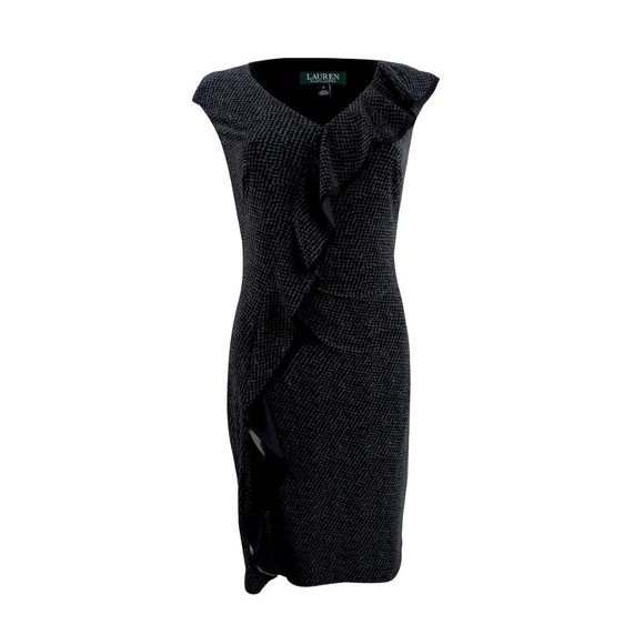 NWT Womens Size 0 10 Lauren Ralph Lauren LRL Gray Black Ruffle-Trim Jersey Dress - Picture 2 of 3